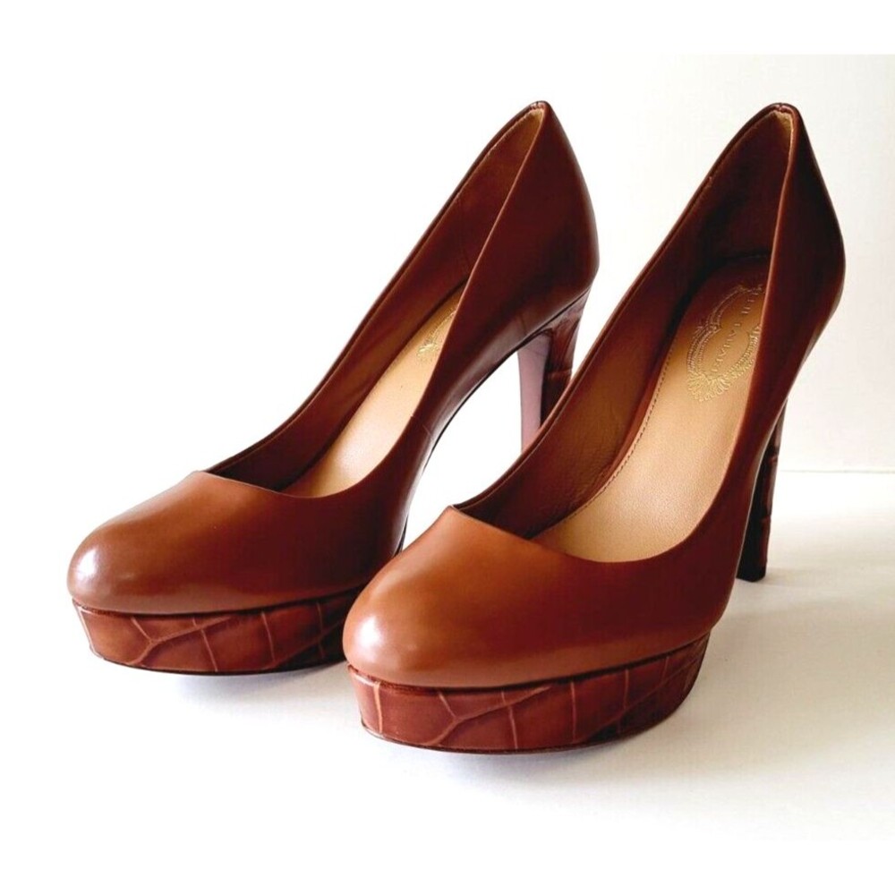 ELIE TAHARI Leather Platform Shoes Heels Cros Pattern Size 38.5 NWOB!